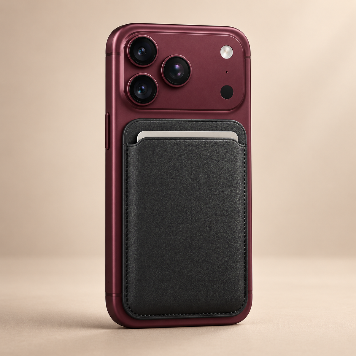 Porte-cartes magnétique noir en similicuir fixé au dos d'un smartphone bordeaux, sur fond beige.
