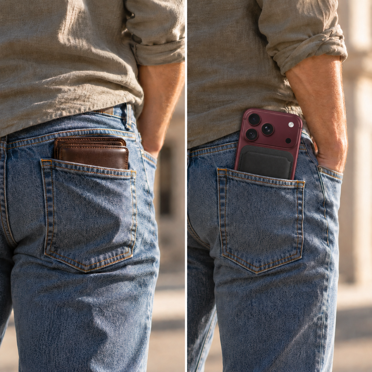 Comparaison entre une poche de jean déformée par un portefeuille épais et une poche plate à côté d'un smartphone équipé d'un porte-cartes noir. Textes : « Avant », « Avec MagCarrd », « Une poche libérée, enfin. »