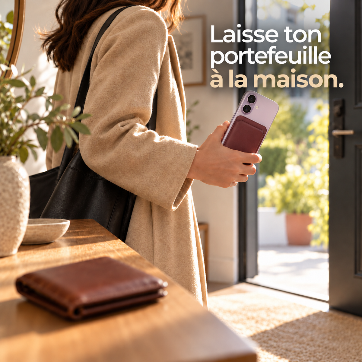 Personne quittant son appartement avec seulement son smartphone et son porte-cartes noir, un portefeuille laissé sur la console de l'entrée. Texte : « Laisse ton portefeuille à la maison. »