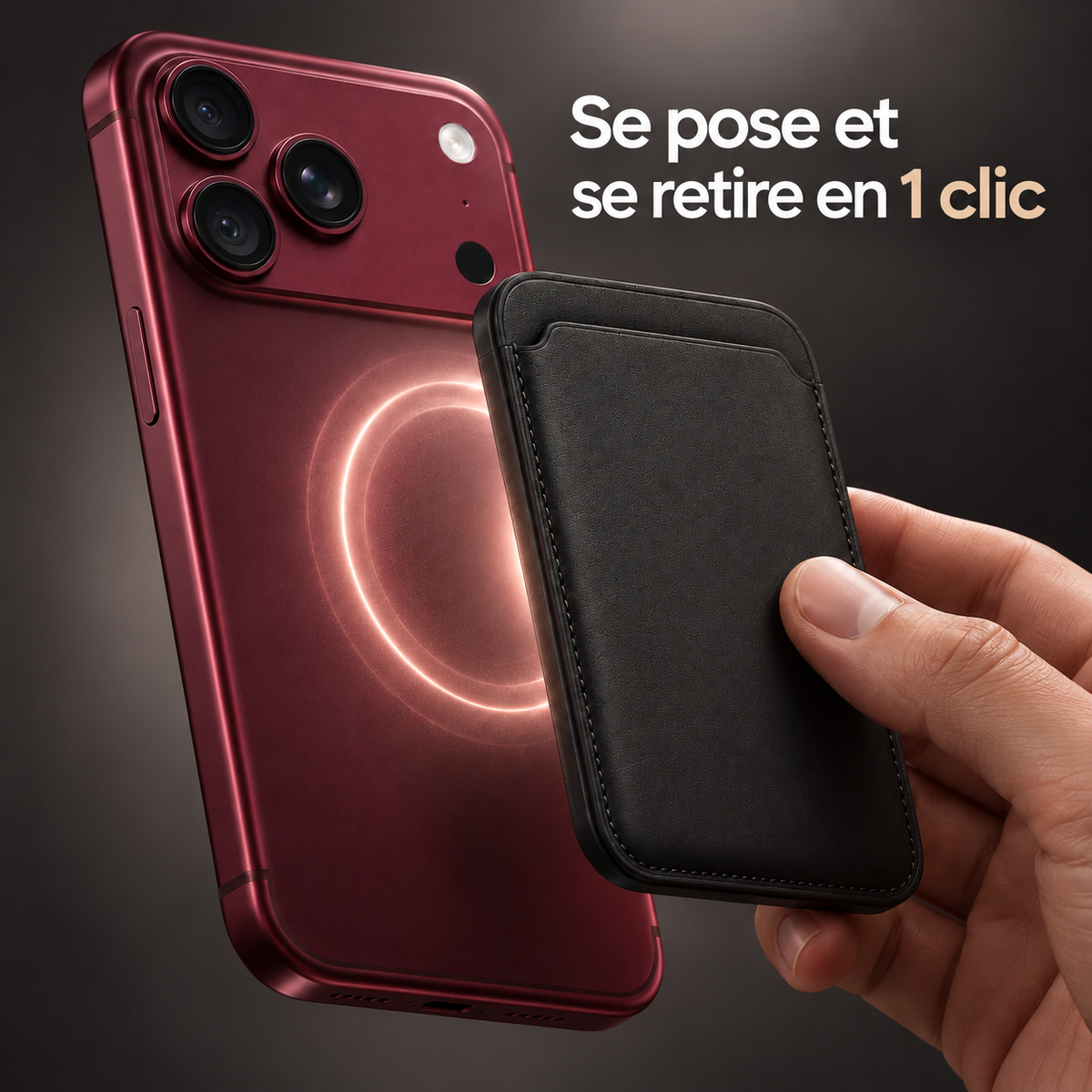 Main approchant un porte-cartes noir du dos d'un smartphone bordeaux pour le fixer par aimant. Textes : « Clic. C'est fixé. Se pose et se retire en 1 clic. »
