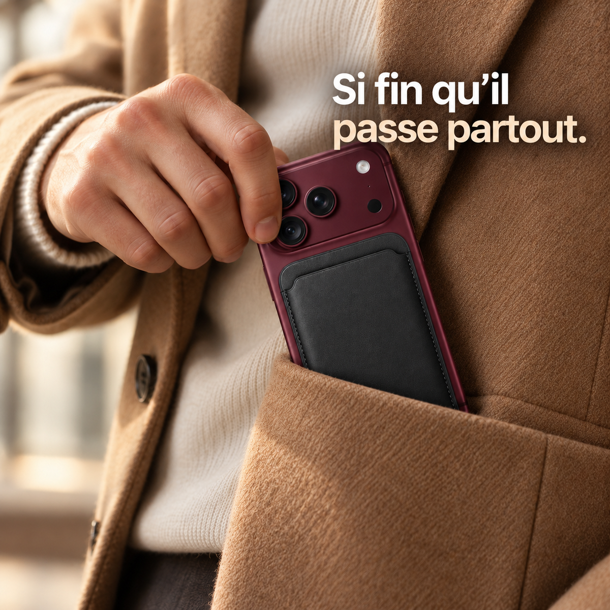 Smartphone avec porte-cartes noir glissé dans la poche avant d'une veste en laine camel. Texte : « Si fin qu'il passe partout. »